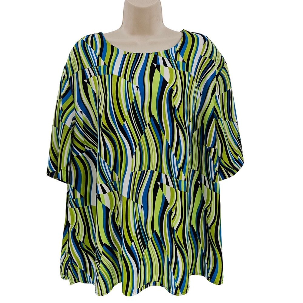Maggie Barnes 3X Top Blue Green Abstract Print Plus Sz Blouse Dopamine festive